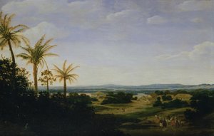 Brasilian maisema portugalilaisen asuinpaikan, kirkon ja Casa Grandan, Varzea-joen takana tekijältä Frans Post