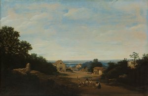 Brasilialainen maisema Igaraçún kylällä. Vasemmalla Pyhän Kosman ja Damianuksen kirkko tekijältä Frans Post