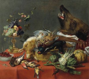 Pöytä, joka on täynnä riistaa, hedelmiä, vihanneksia ja villisian päätä. tekijältä Frans Snyders