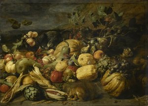 Hedelmiä ja vihanneksia apinan, papukaijan ja oravan kanssa tekijältä Frans Snyders