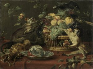 Apinoita ja papukaija hedelmäkorin lähellä tekijältä Frans Snyders