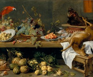 Hedelmiä, vihanneksia ja kuollutta riistaa sisältävä asetelma tekijältä Frans Snyders