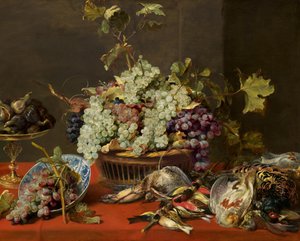 Asetelma viinirypäleillä ja riistalla, c. 1630.