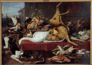 Asetelma peuran kanssa Riista (fasaani, hanhi, hirvi), kalaviipale, rapu, palkokasvit. Frans Snydersin maalaus (1579-1657)