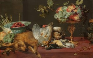 Asetelma pienriistalla ja hedelmillä tekijältä Frans Snyders or Snijders