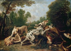 Koirat taistelevat metsäisellä aukiolla tekijältä Frans Snyders or Snijders
