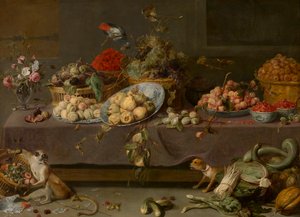Kukat ja hedelmät (öljy kankaalle) tekijältä Frans Snyders or Snijders