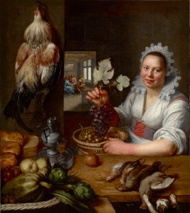 Scene de cuisine avec scene du Christ a Emmaus - Keittiökohtaus Kristuksen kanssa Emmauksessa, Snyders (Snijders), Frans (1579-1657). Öljy kankaalle, Vuosina 1615-1620. Mitat : 114,5x102 cm. Muzeul National Brukenthal, Sibiu tekijältä Frans Snyders or Snijders