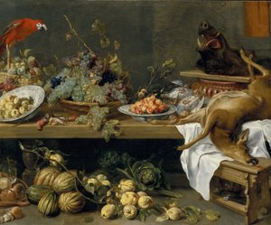 Asetelma hedelmillä, vihanneksilla ja kuolleella riistalla, 1635 tekijältä Frans Snyders or Snijders