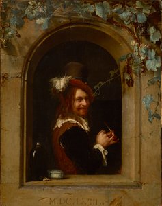 Mies piipun kanssa ikkunassa - Mies piipun kanssa ikkunassa, Mieris, Frans van Mieris de Oudere tai Vanhin (1635-1681). Öljy puulle, n. 1658. Koko: 20x15,5 cm. Brukenthalin kansallismuseo, Sibiu tekijältä Frans van Mieris