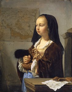 Nuori nainen höyhenviuhka valmis lähtemään ulos, 1657-59