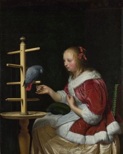 Nainen punaisessa takissa ruokkimassa papukaijaa, n. 1663