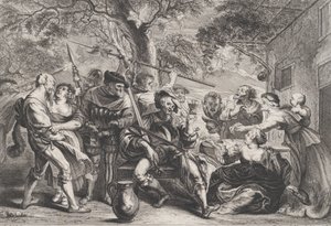 Don Quijote ja La Santa Hermandadin joukot tavernan ulkopuolella, n. 1635-79. tekijältä Frans van den Wyngaerde