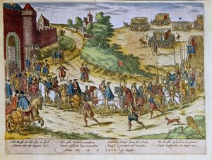 Alba de Tormesin kolmannen herttuan Ferdinand Alvare of Toledon tai Fernando Alvarez de Toledo y Pimentelin (1508-1582) saapuminen Brysseliin 8.8.1567 Espanjan armeijan kanssa. 1653 Franz Hogenbergin (1535-1590) vedos, B.N., Pariisi.