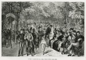 Prater: suuri kävelytie. Kollarzin kaiverrus havainnollistamaan tarinaa Wien ja sen esikaupunki, M. Newlinski, vuonna 1881, julkaistu Tour du mondessa, Edouard Chartonin (1807-1890) johdolla tekijältä Franz (after) Kollarz
