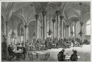 Wienin (Itävalta) keskuskahvila. Kollarzin kaiverrus havainnollistamaan tarinaa Wien ja sen esikaupunki, M. Newlinski, vuonna 1881, julkaistu Tour du mondessa, Edouard Chartonin (1807-1890) johdolla tekijältä Franz (after) Kollarz