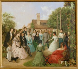 Pfaenderspiele der Familienmitglieder Alt im Garten - Hävityspeli Alt-perheen puutarhassa ... (maalaus kankaalle) tekijältä Franz Alt