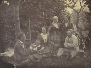[Kolme naista, kaksi miestä ja lapsi piknikillä], 1850-60-luvut.