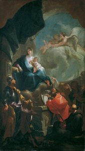 Valtaistuimelle noussut Madonna ja lapsi, pyhimysten palvoma tekijältä Franz Anton Palko