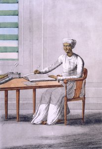 Causto (clerkscribe), kirjasta "The Hindut or the Description of their Mores, Customs and Ceremonies", pub. 1808-12 (värillinen etsaus)