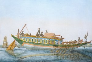 Badjera, kaapissa oleva jokivene, jossa on suuri melaperäsin, teoksesta "Hinudet, tai niiden tapojen, pukujen ja seremonioiden kuvaus", n. 1808-1812 (värillinen etsaus)