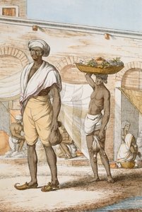 Hindupalvelija tai ruuan ostaja, julkaisusta "Hindut tai niiden tapojen, pukujen ja seremonioiden kuvaus", n. 1808-1812 (värillinen etsaus) tekijältä Franz Balthazar Solvyns