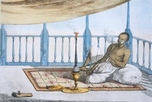 Mies polttaa vesipiippua hasista tai oopiumia, pubi. 1808-12.