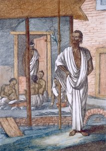 Rahanvaihtaja liikkeessään, hänen virkailijansa tallensi liiketoimia ja lemmikkikukat, teoksesta "Hindust, eli heidän tapojensa, pukujensa ja seremonioidensa kuvaus", n. 1808-1812 (värillinen etsaus)