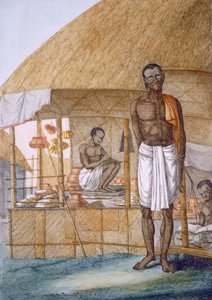 Kauppias, joka myy ruukkuja, banaaneja ja jyviä, teoksesta "Hindut tai heidän tapojensa, pukujensa ja seremonioidensa kuvaus", n. 1808-1812 (värillinen etsaus)