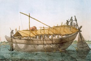 Wolack, jokikulkuneuvot tavaroiden kuljettamiseen, kirjasta "Hindut tai heidän tapojensa, pukujensa ja seremonioidensa kuvaus", n. 1808-1812 (värillinen etsaus)