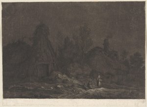 Kuutamokohtaus hahmoilla kotan edessä XII Vues de la Normandie (sarjan nimi)