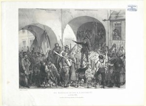 K. K. yliopiston barrikadi osoitteessa 26. Toukokuu 1848 (litografia) tekijältä Franz Gerasch
