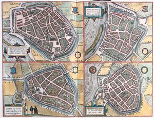 Arnhem ja Venlo, Alankomaat - Geldern, Saksa ja Ruermonde, Alankomaat (kaiverrus tekijältä Franz Hogenberg