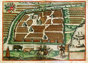 Moskovan kartta (Venäjä) - Frans Hogenbergin (1535-1590) teos, kaiverrus ja akvarelli Civitates orbis terraariosta tekijältä Franz Hogenberg