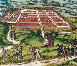 Cuzco, inka-sivilisaation pääkeskus (nykyinen Peru) kuva Braunin ja Hogenbergin "Civitatis Orbis Terranumista" tekijältä Franz Hogenberg