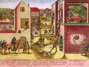 Admiraali Gaspard II de Coligny (1519-72) kuoli Pyhän Bartolomeuksen verilöylyn aikaan vuonna 1572 (ks. bw 158612) tekijältä Franz Hogenberg