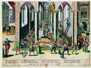 Muistomerkkien ja patsaiden tuhoaminen kirkoissa, huhtikuu 1566 (värikaiverrus) tekijältä Franz Hogenberg