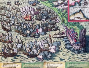 Taistelu Gibraltarin rannikolla, painettu 25. toukokuuta 1607 tekijältä Franz Hogenberg