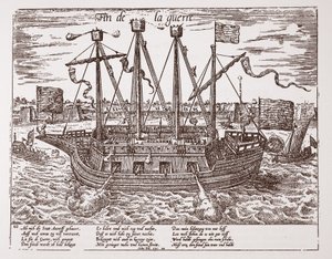 "Fin de la Guerre", sotalaiva, joka rakennettiin Yhdistyneitä provinsseja varten, 1585 tekijältä Franz Hogenberg
