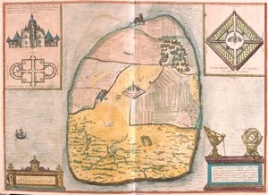 Isle of Ven ja Uranienborg, Tycho Brahen palatsi ja observatorio, joka sijaitsee tällä saarella Sundissa (kaiverrus tekijältä Franz Hogenberg
