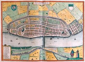 Kampen ja IJssel-joki tai Yssel, Alankomaat (kaiverrus tekijältä Franz Hogenberg