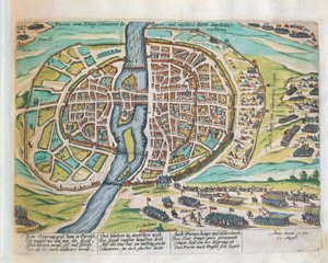 Navarran kuningas Henrik piirittämässä Pariisia elokuussa 1590, Franz Hogenberg, kaiverrus tekijältä Franz Hogenberg