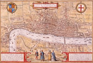 Lontoon Cityn, Southwarkin ja osan Westminsterin kartta, 1572 tekijältä Franz Hogenberg