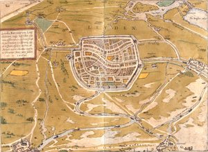 Leidenin (Leyden) suunnitelma, Alankomaat (etsaus tekijältä Franz Hogenberg