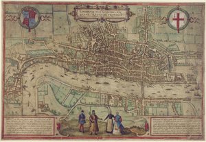 Lontoon suunnitelma Civitates Orbis Terrarumilta, osa. 1, 1572 (värillinen kaiverrus paperille) tekijältä Franz Hogenberg
