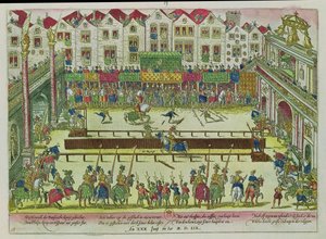 Turnaus, jonka aikana Montgomeryn kreivi loukkaantui Henri II:n (1519-59) ja kuoli kymmenen päivää myöhemmin, 30. kesäkuuta 1559 tekijältä Franz Hogenberg