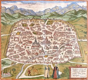 Näkymä Damaskuksesta (Damaskos), Syyria (etsaus tekijältä Franz Hogenberg