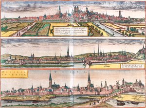 Näkymä Munsteriin (Monasterium), Osnabruckiin (Osnabrugum) ja Weseliin (Weselia), Saksa (etsaus) tekijältä Franz Hogenberg