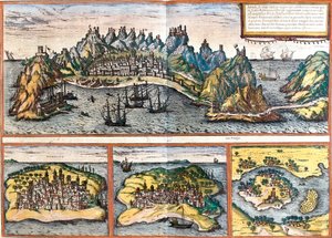 Näkymät Adenille (Jemen), Mombasalle (Mombaza) (Kenia), Kilwa Kisiwanille (Quiloa) (Tansania) ja Cefala Dianalle (Cefala) (Sisilia, Italia) (etsaus) tekijältä Franz Hogenberg