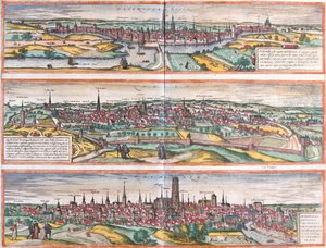 Näkymiä Bois le Ducista (Buscumducis) Hollannissa, Leuvenista (Lovanium) ja Mechlineenistä (Mechlineen) Belgiassa (etsaus). tekijältä Franz Hogenberg